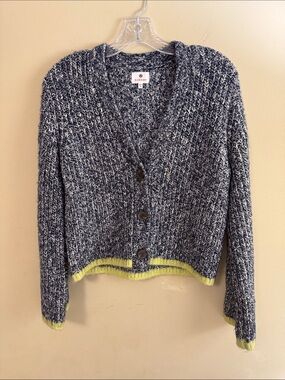 NWOT! Sundry Marled Knit Cardigan Sweater Navy White Neon Lime Accent Size XS
